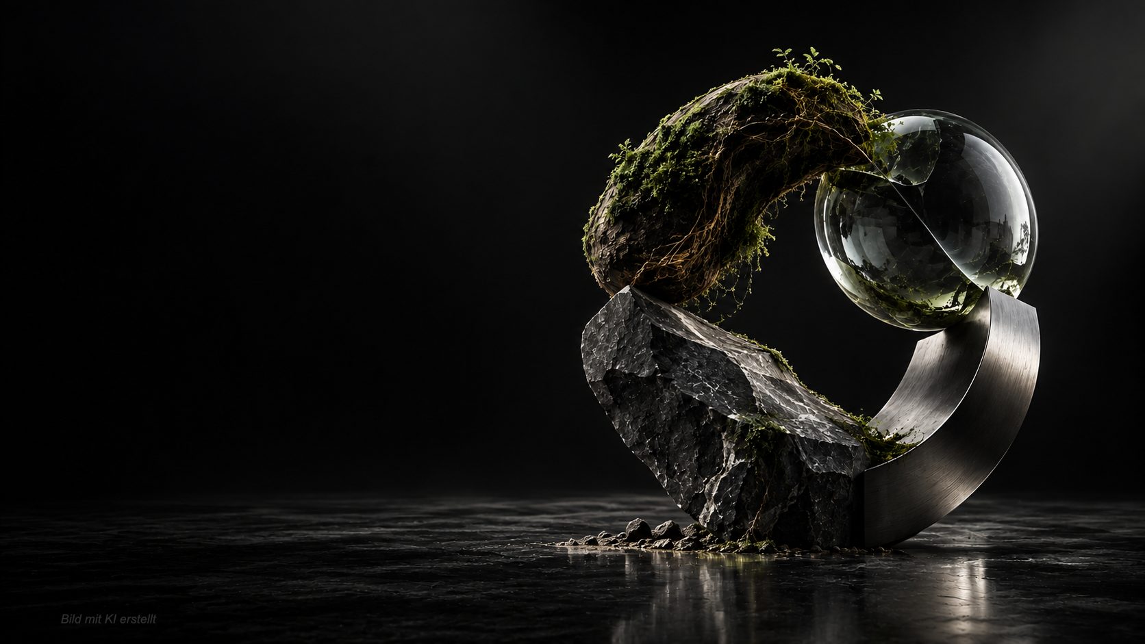 Skulptur aus Stein und Moos, die einen Metallring und eine Glaskugel umschließt, vor dunklem Grund