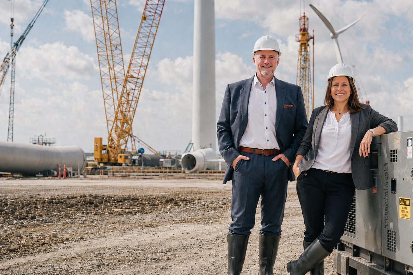Volker Loibl und Melanie Reuß mit Schutzhelmen auf einer Windpark-Baustelle, im Hintergrund Windkraftanlagen im Bau und ein Kran