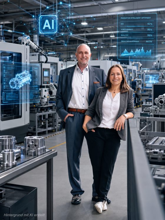 Volker Loibl und Melanie Reuß in einer Fertigungshalle, daneben eingeblendete Maschinenkennzahlen